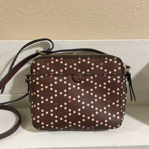 Fossil Brown Crossbody with Pink Polka Dot Pattern